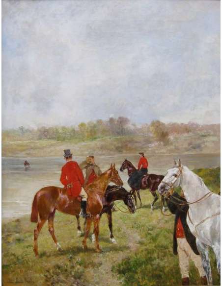 BROWN John , Lewis (Bordeaux 1829, Paris 1890)- Bat-l’eau, scène de chasse à courre. - Tableaux autre genre-Bozaart