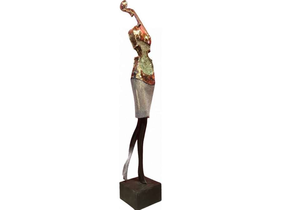 Young Woman Signed Sculpture In Bronze Brass And Crushed Glass By Nowaczyk Christian