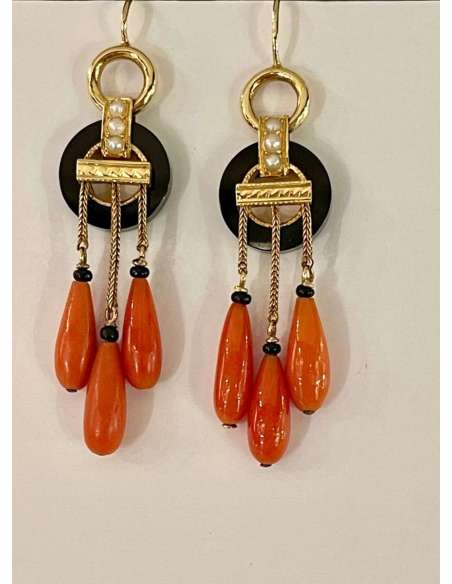 Gold, Onyx And Coral Earrings - Earrings-Bozaart