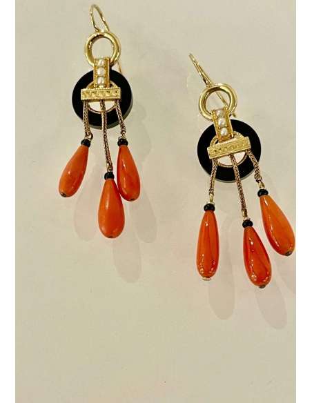 Gold, Onyx And Coral Earrings - Earrings-Bozaart
