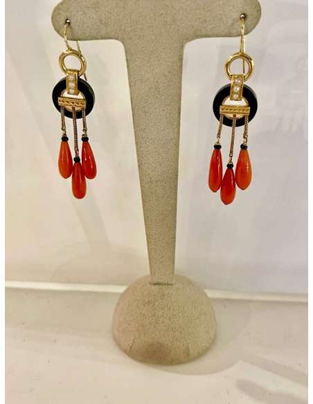 Pendants d'Oreilles En Or, Onyx Et Corail - Boucles d'oreille-Bozaart