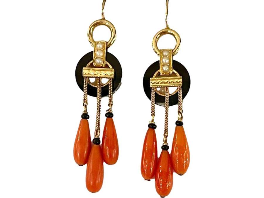 Gold, Onyx And Coral Earrings