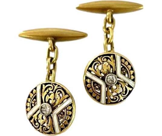 Pair Of Enamel Gold And Diamond Cufflinks - other Jewelry