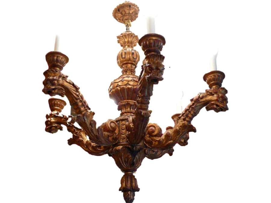 Wooden Chandelier Carved Six Branches Of Lights Style XVIIth Century - chandeliers