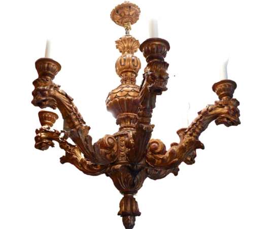 Wooden Chandelier Carved Six Branches Of Lights Style XVIIth Century - chandeliers