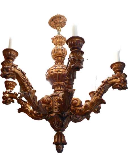 Wooden Chandelier Carved Six Branches Of Lights Style XVIIth Century - chandeliers-Bozaart