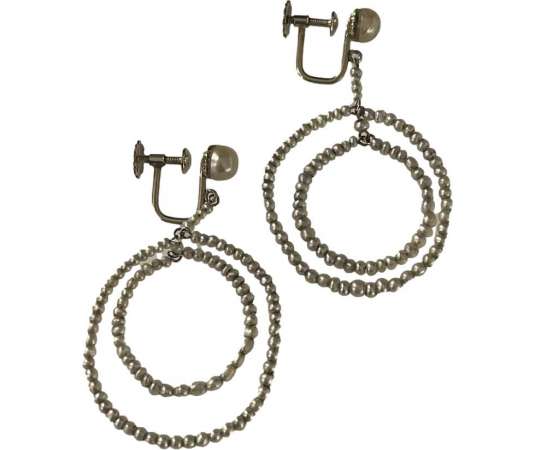 Paire De Boucles d'Oreilles En Or Gris Et Perles Fines - Boucles d'oreille