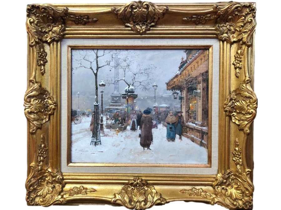 Galien Laloue Eugène Painting Early 20th Century Paris Animation Place La Bastille Signed Gouache - Paintings genre scenes