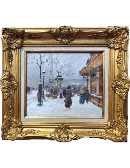 Galien Laloue Eugène Painting Early 20th Century Paris Animation Place La Bastille Signed Gouache - Paintings genre scenes-Bozaart