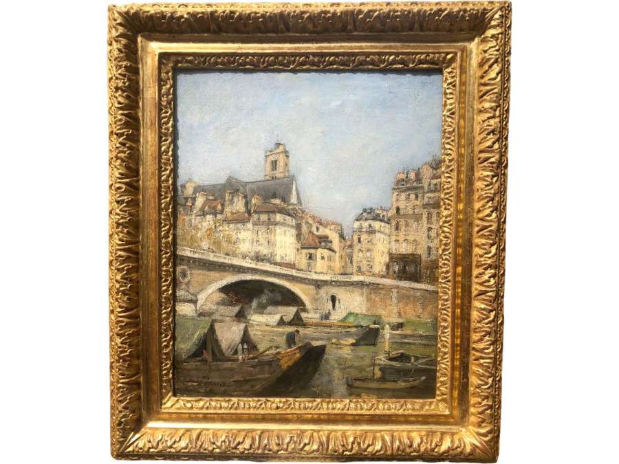 Lepine Stanislas Paris, The Louis Philippe Bridge 1878 Oil On Canvas Signed Catalogue Raisonné - Landscape Paintings