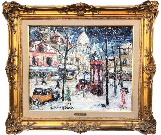 Genin Lucien Painting 20th Century Paris Montmartre The Place Du Tertre In Winter Signed Oil - Landscape Paintings