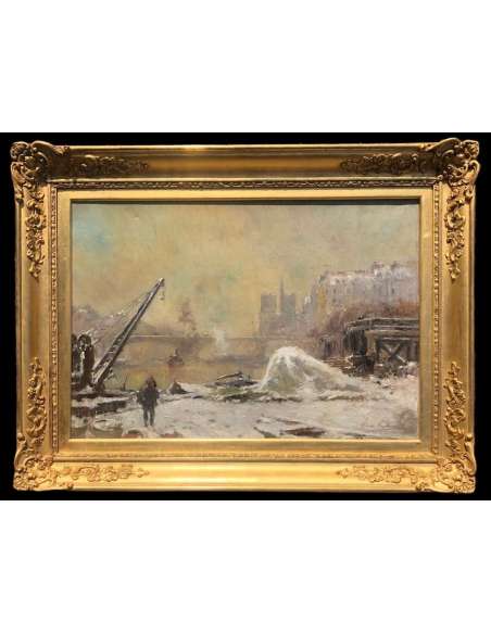 Vauthier Pierre Painting Late XIXth Paris Notre Dame Under The Snow Oil On Canvas Signed - Landscape Paintings-Bozaart