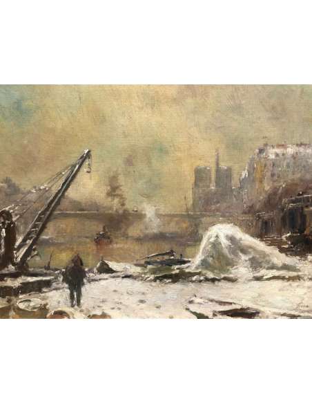 Vauthier Pierre Painting Late XIXth Paris Notre Dame Under The Snow Oil On Canvas Signed - Landscape Paintings-Bozaart