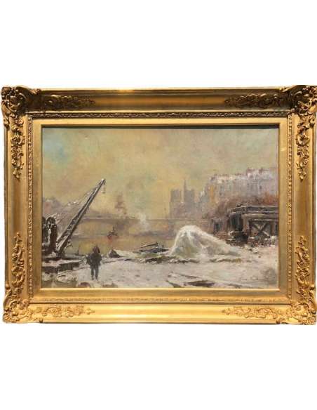 Vauthier Pierre Painting Late XIXth Paris Notre Dame Under The Snow Oil On Canvas Signed - Landscape Paintings-Bozaart