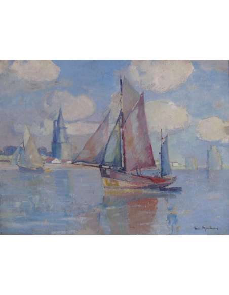 Morchain Paul Painting 20th Fishing Boats Leaving The Port Of La Rochelle Signed Oil - Marine Paintings-Bozaart