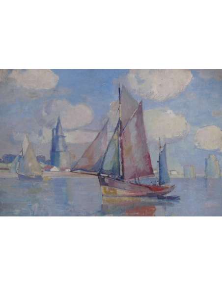 Morchain Paul Painting 20th Fishing Boats Leaving The Port Of La Rochelle Signed Oil - Marine Paintings-Bozaart