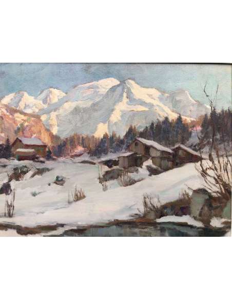 Abrate Angelo Peinture XXè Siècle Soleil Sur Le Mont Blanc Huile Signée - Tableaux paysages-Bozaart
