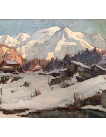 Abrate Angelo Peinture XXè Siècle Soleil Sur Le Mont Blanc Huile Signée - Tableaux paysages-Bozaart