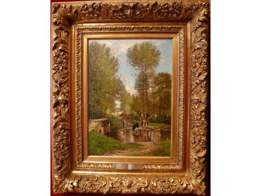 Georget Charles Painting XIXth Century Landscape Around Melun Oil On Canvas Signed