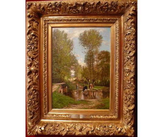 Georget Charles Painting XIXth Century Landscape Around Melun Oil On Canvas Signed - Landscape Paintings