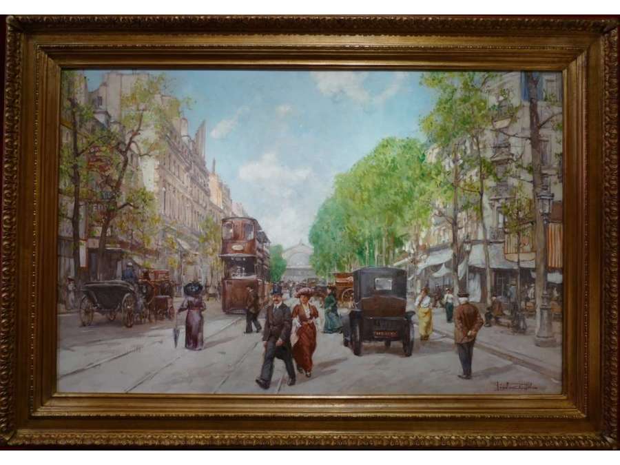 Leon Zeytline Russian School 20th Century Paris Tramway, Carriages And Automobiles Signed Oil