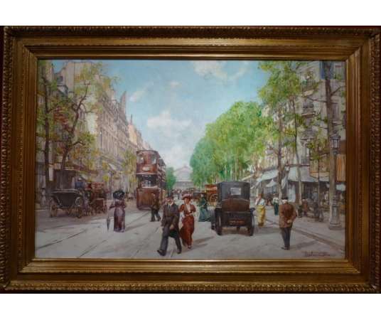 Leon Zeytline Russian School 20th Century Paris Tramway, Carriages And Automobiles Signed Oil - Paintings genre scenes