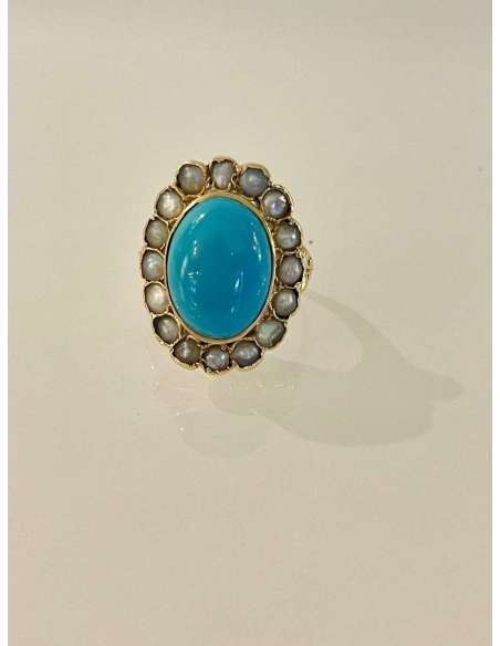 Important Gold Ring Set With A Turquoise In An Entourage Of Pearls. - ring-Bozaart