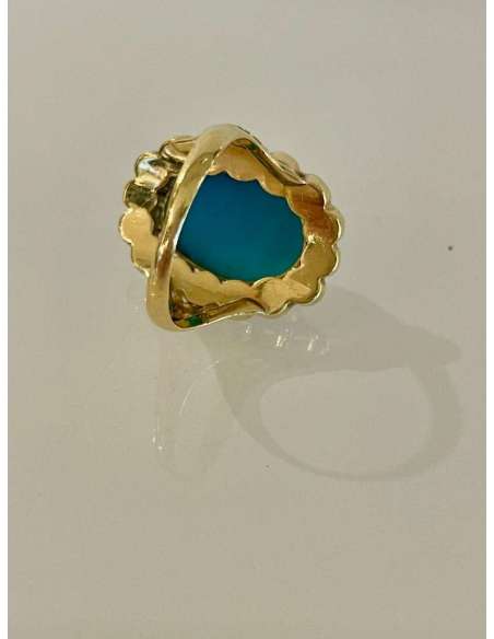 Important Gold Ring Set With A Turquoise In An Entourage Of Pearls. - ring-Bozaart