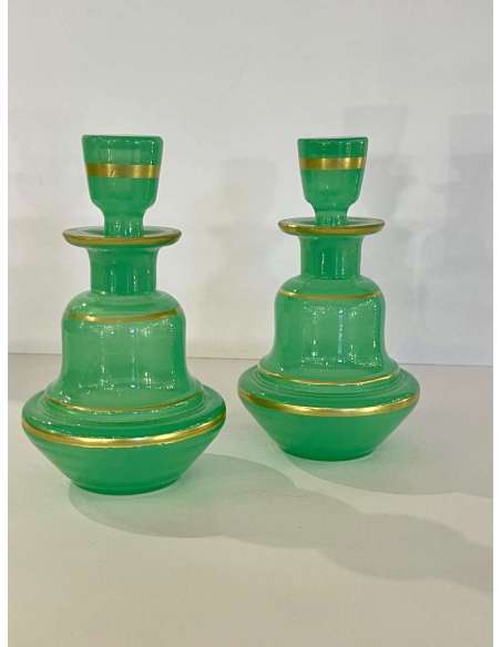 Pair Of Green Opaline Flasks - Opalines, enameled glasses-Bozaart