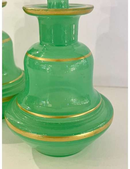 Pair Of Green Opaline Flasks - Opalines, enameled glasses-Bozaart