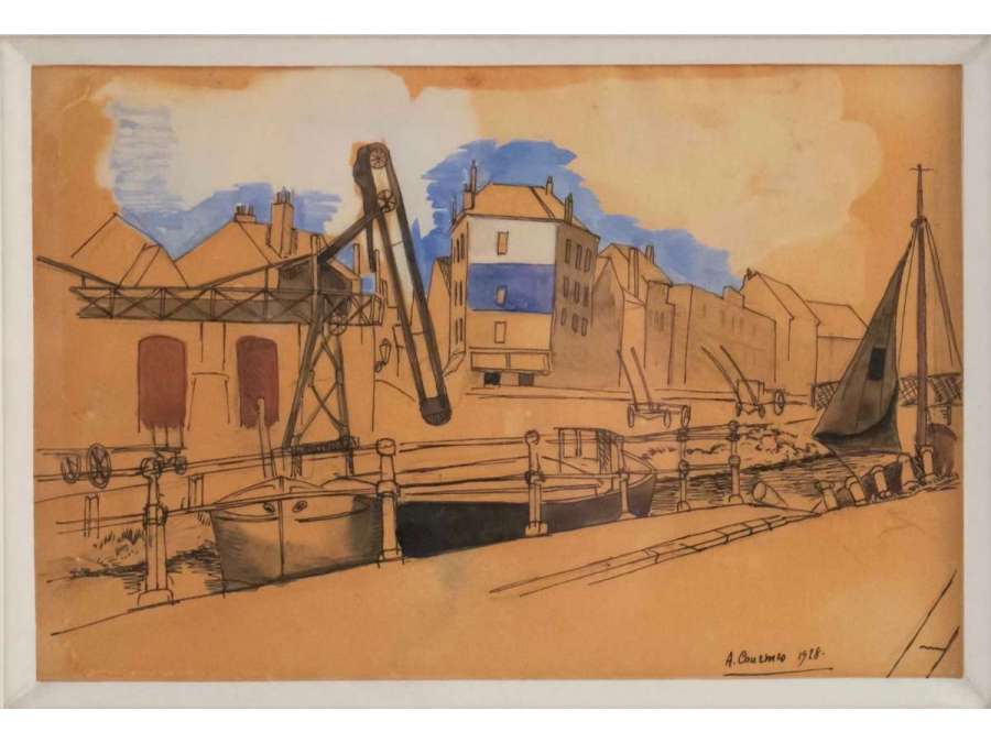 Alfred COURMES ( 1898 - 1993) -Paris, vue de canal- Daté 1928.