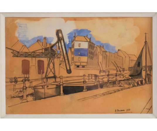Alfred COURMES ( 1898 - 1993) -Paris, vue de canal- Daté 1928. - Aquarelles
