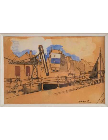 Alfred COURMES ( 1898 - 1993) -Paris, vue de canal- Daté 1928. - Aquarelles-Bozaart