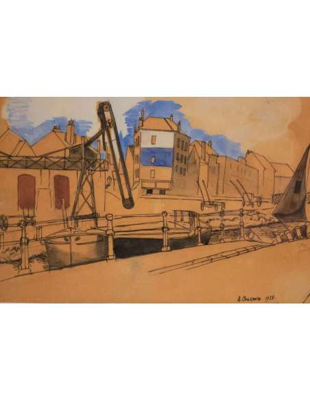 Alfred COURMES (1898 - 1993) -Paris, canal view- Dated 1928. - Watercolor-Bozaart