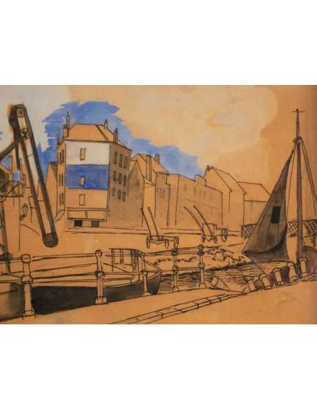 Alfred COURMES ( 1898 - 1993) -Paris, vue de canal- Daté 1928. - Aquarelles-Bozaart