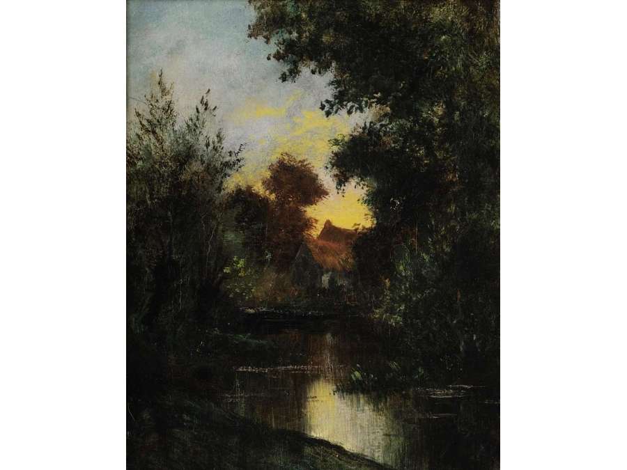 Jules DUPRÉ (1812 – 1889) French - Mare at dusk . - Landscape paintings