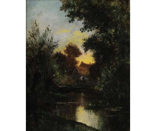 Jules DUPRÉ (1812 – 1889) French - Mare at dusk . - Landscape paintings