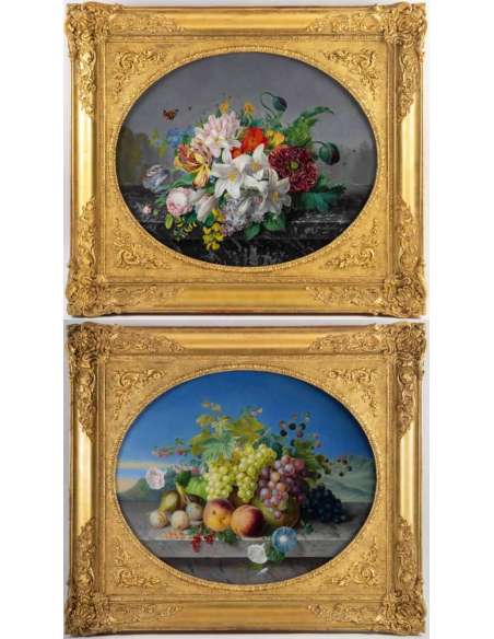 The GERMAN Adèle née Le Corbeiller (Born in Paris in 1807) - Pair of still lifes dated 1845. - Still life paintings-Bozaart
