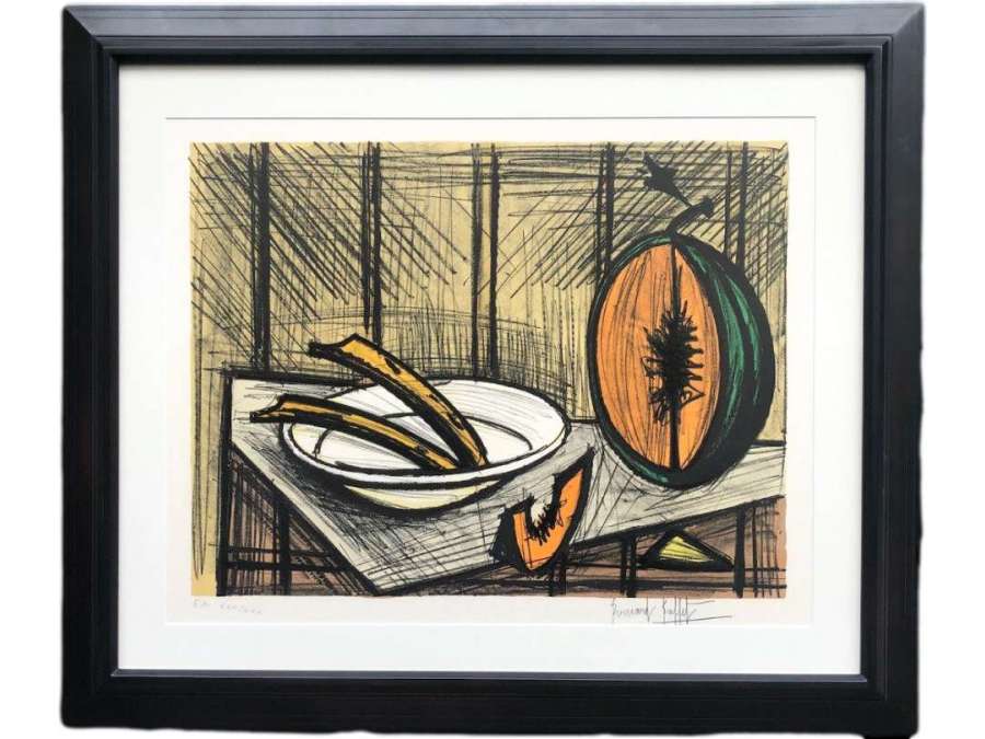 Buffet Bernard Nature Morte Au Melon Et à l'Assiette Lithographie Couleurs Justifiée - gravures - estampes