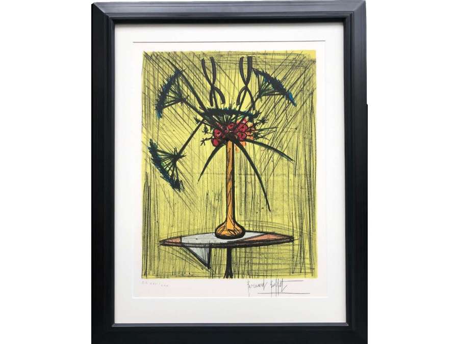 Buffet Bernard Still Life With A Vase Of Flowers On A Pedestal Table Justified Color Lithography