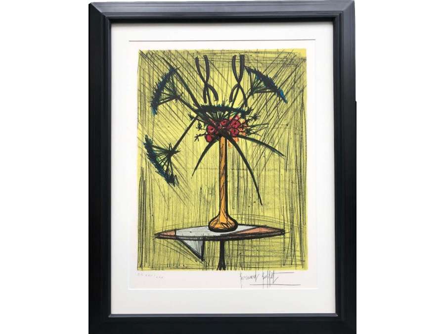 Buffet Bernard Still Life With A Vase Of Flowers On A Pedestal Table Justified Color Lithography - lithographs