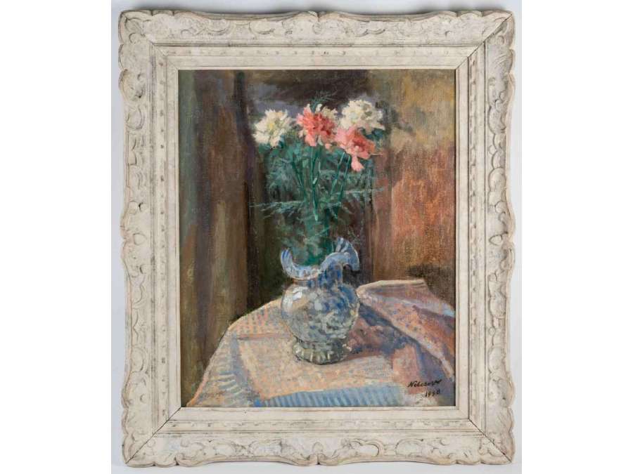 Still Life With Carnations- Signed J. Nebesov - Dated 1938