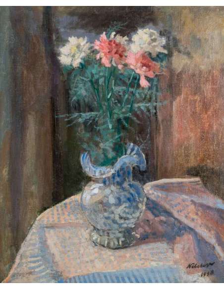 Still Life With Carnations- Signed J. Nebesov - Dated 1938 - Still life paintings-Bozaart