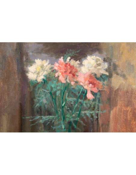 Still Life With Carnations- Signed J. Nebesov - Dated 1938 - Still life paintings-Bozaart