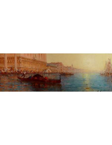 Calderon Charles Clément Peinture Venise Le Bassin De Saint Marc Ensoleillé Huile Toile Signée - Tableaux marine-Bozaart