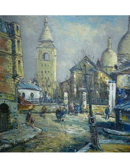 Besse Raymond French Painting 20th Paris Montmartre The Place Du Tertre Oil On Canvas Signed - Landscape Paintings-Bozaart