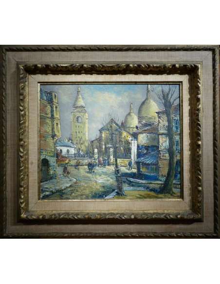 Besse Raymond French Painting 20th Paris Montmartre The Place Du Tertre Oil On Canvas Signed - Landscape Paintings-Bozaart
