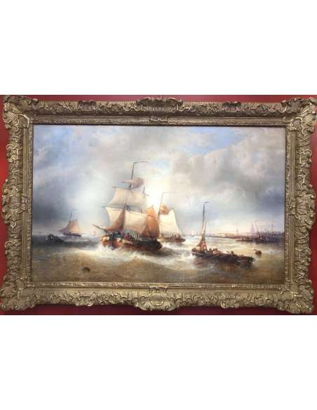 Musin François Belgian School 19th Marine Ships Leaving The Port XIXth Oil Painting Signed Canvas - Marine Paintings-Bozaart