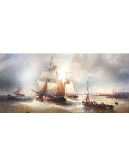 Musin François Belgian School 19th Marine Ships Leaving The Port XIXth Oil Painting Signed Canvas - Marine Paintings-Bozaart