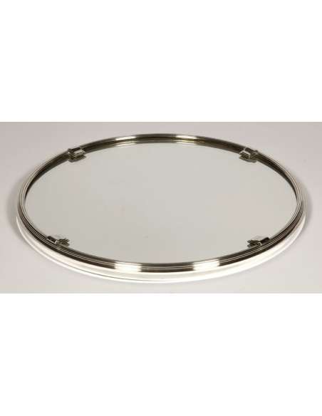 Solid silver round tray with mirror background ART DECO style - Goldsmith Cardeilhac --Bozaart